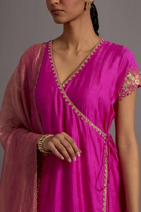 Shop Deep Thee Fuchsia Silk, Tissue Zari, Sequins, Zardozi Border Straight Angarkha Set Online at Aza Fashions Shop_Deep Thee_Fuchsia Silk, Tissue Zari, Sequins, Zardozi Border Straight Angarkha Set _Online_at_Aza_Fashions