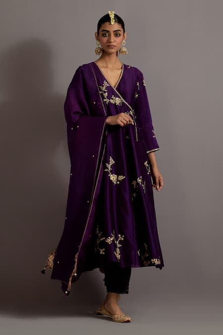 Deep Thee Purple Chanderi Hand Embroidered Zari V Neck Guccha Jaal Angarkha Set