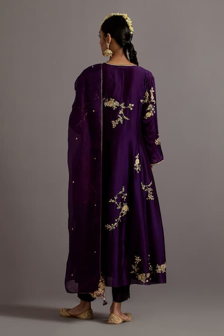Shop_Deep Thee_Purple Chanderi, Tissue, Organza Metallic Thread, Guccha Jaal Angarkha Set _at_Aza_Fashions