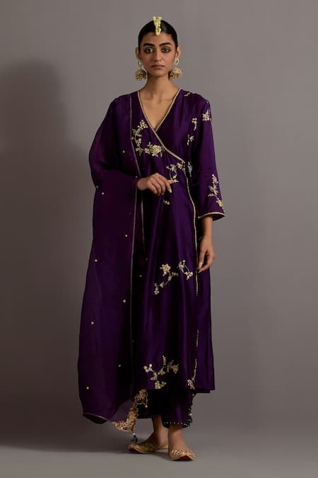 Deep Thee_Purple Chanderi, Tissue, Organza Metallic Thread, Guccha Jaal Angarkha Set _Online_at_Aza_Fashions