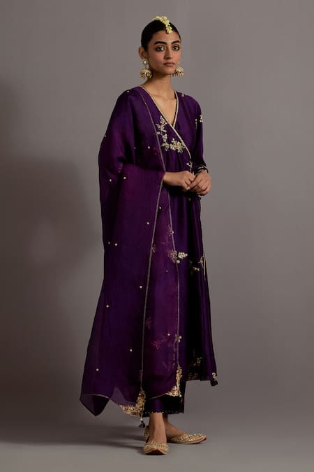Shop_Deep Thee_Purple Chanderi, Tissue, Organza Metallic Thread, Guccha Jaal Angarkha Set _Online_at_Aza_Fashions