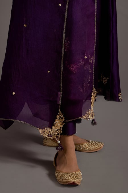 Deep Thee_Purple Chanderi, Tissue, Organza Metallic Thread, Guccha Jaal Angarkha Set _at_Aza_Fashions