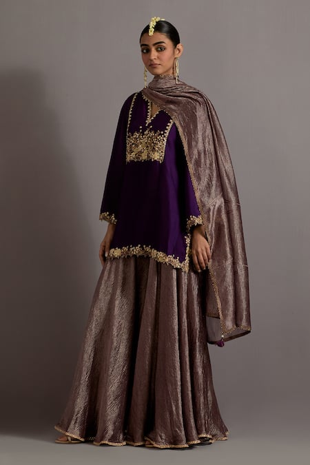 Shop Deep Thee Purple Organza, Chanderi, Tissue Embroidery V-neck Phool Guccha Yoke Kurta Set Online at Aza Fashions Shop_Deep Thee_Purple Organza, Chanderi, Tissue Embroidery V-neck Phool Guccha Yoke Kurta Set _Online_at_Aza_Fashions