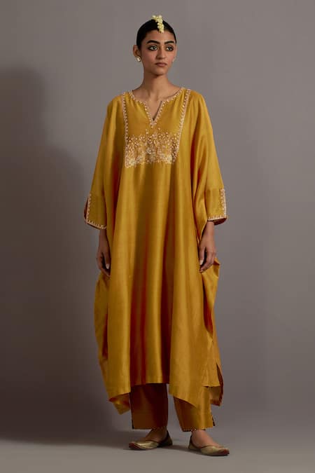 Deep Thee Yellow Chanderi Hand Embroidered Zari Notched Yoke Kaftan With Pant 