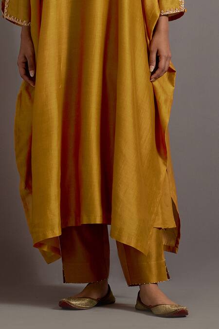 Deep Thee_Yellow Chanderi Sequins, Zari Split Hand Embroidered Yoke Kaftan With Pant _Online_at_Aza_Fashions
