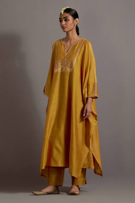 Buy_Deep Thee_Yellow Chanderi Sequins, Zari Split Hand Embroidered Yoke Kaftan With Pant _Online_at_Aza_Fashions