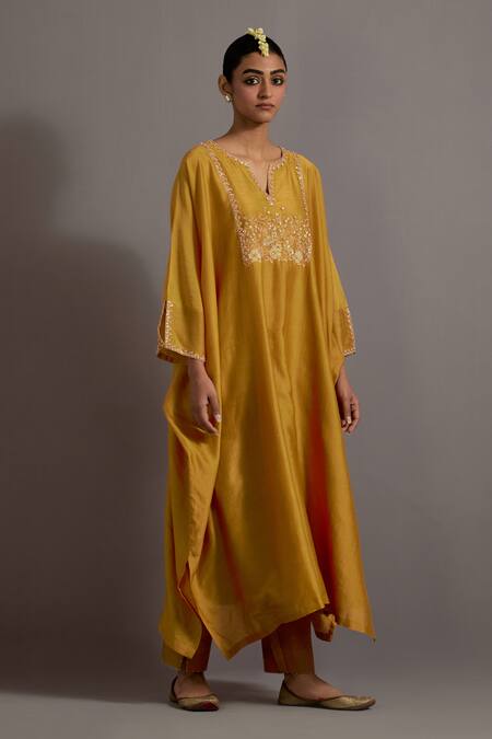 Shop_Deep Thee_Yellow Chanderi Sequins, Zari Split Hand Embroidered Yoke Kaftan With Pant _Online_at_Aza_Fashions
