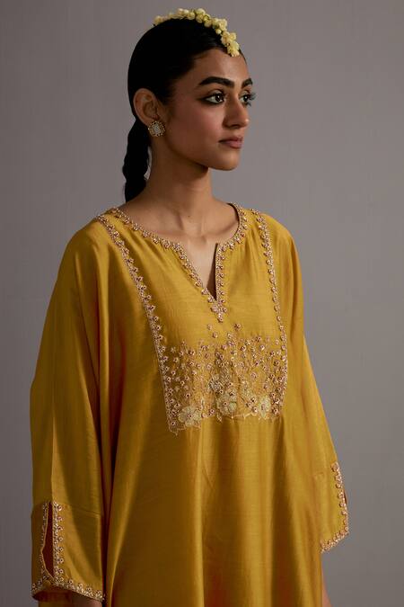 Deep Thee_Yellow Chanderi Sequins, Zari Split Hand Embroidered Yoke Kaftan With Pant _at_Aza_Fashions
