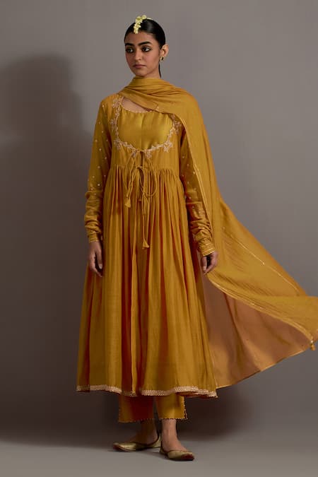 Shop Deep Thee Yellow Chanderi Embroidery, Beads Scoop Neck Jaal Yoke Angarkha Anarkali Set at Aza Fashions Shop_Deep Thee_Yellow Chanderi Embroidery, Beads Scoop Neck Jaal Yoke Angarkha Anarkali Set _at_Aza_Fashions