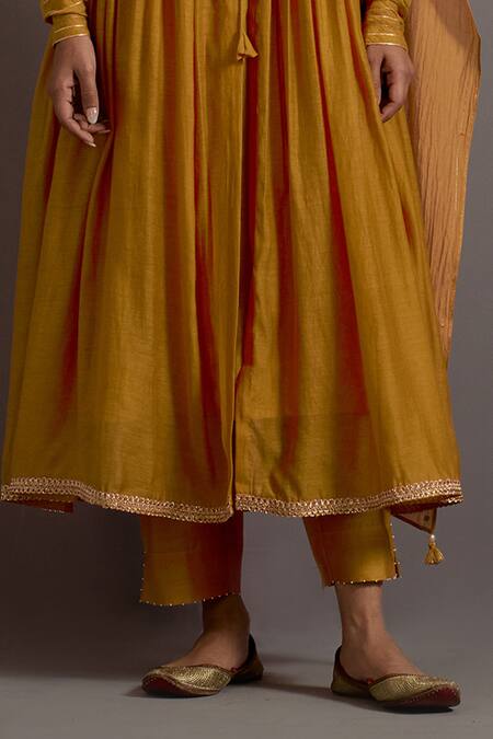 Deep Thee Yellow Chanderi Embroidery, Beads Scoop Neck Jaal Yoke Angarkha Anarkali Set Online at Aza Fashions Deep Thee_Yellow Chanderi Embroidery, Beads Scoop Neck Jaal Yoke Angarkha Anarkali Set _Online_at_Aza_Fashions