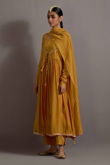 Buy Deep Thee Yellow Chanderi Embroidery, Beads Scoop Neck Jaal Yoke Angarkha Anarkali Set Online at Aza Fashions Buy_Deep Thee_Yellow Chanderi Embroidery, Beads Scoop Neck Jaal Yoke Angarkha Anarkali Set _Online_at_Aza_Fashions