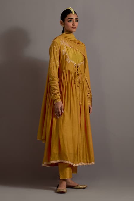Shop Deep Thee Yellow Chanderi Embroidery, Beads Scoop Neck Jaal Yoke Angarkha Anarkali Set Online at Aza Fashions Shop_Deep Thee_Yellow Chanderi Embroidery, Beads Scoop Neck Jaal Yoke Angarkha Anarkali Set _Online_at_Aza_Fashions