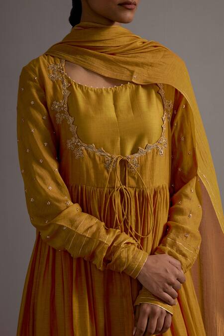 Deep Thee Yellow Chanderi Embroidery, Beads Scoop Neck Jaal Yoke Angarkha Anarkali Set at Aza Fashions Deep Thee_Yellow Chanderi Embroidery, Beads Scoop Neck Jaal Yoke Angarkha Anarkali Set _at_Aza_Fashions
