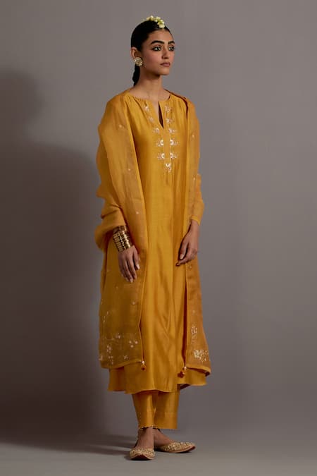 Shop Deep Thee Yellow Organza, Chanderi Tassels, Beads, Embroidery Phool Bunch Yoke Kurta Set at Aza Fashions Shop_Deep Thee_Yellow Organza, Chanderi Tassels, Beads, Embroidery Phool Bunch Yoke Kurta Set _at_Aza_Fashions
