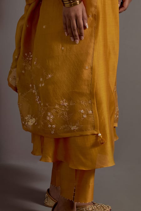 Shop Deep Thee Yellow Organza, Chanderi Tassels, Beads, Embroidery Phool Bunch Yoke Kurta Set Online at Aza Fashions Shop_Deep Thee_Yellow Organza, Chanderi Tassels, Beads, Embroidery Phool Bunch Yoke Kurta Set _Online_at_Aza_Fashions