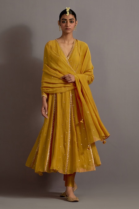 Deep Thee Yellow Chanderi Hand Embroidered Zardozi V Neck Kali Angarkha Set