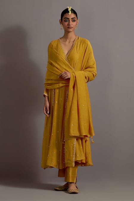 Shop Deep Thee Yellow Chanderi Embroidery, Beads, Zari V-neck Zardozi Hand Kali Angarkha Set at Aza Fashions Shop_Deep Thee_Yellow Chanderi Embroidery, Beads, Zari V-neck Zardozi Hand Kali Angarkha Set _at_Aza_Fashions