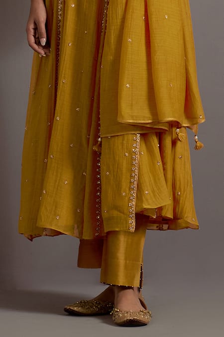 Deep Thee Yellow Chanderi Embroidery, Beads, Zari V-neck Zardozi Hand Kali Angarkha Set Online at Aza Fashions Deep Thee_Yellow Chanderi Embroidery, Beads, Zari V-neck Zardozi Hand Kali Angarkha Set _Online_at_Aza_Fashions