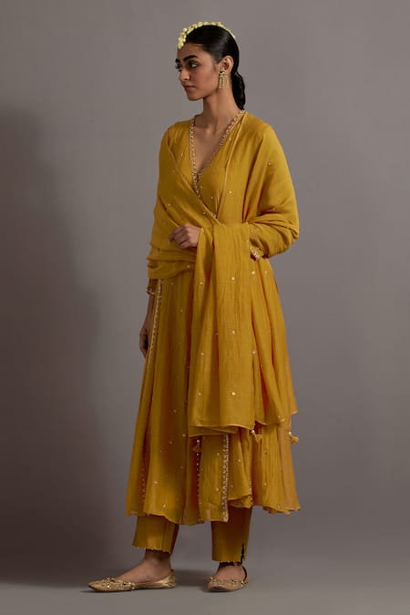 Buy Deep Thee Yellow Chanderi Embroidery, Beads, Zari V-neck Zardozi Hand Kali Angarkha Set Online at Aza Fashions Buy_Deep Thee_Yellow Chanderi Embroidery, Beads, Zari V-neck Zardozi Hand Kali Angarkha Set _Online_at_Aza_Fashions