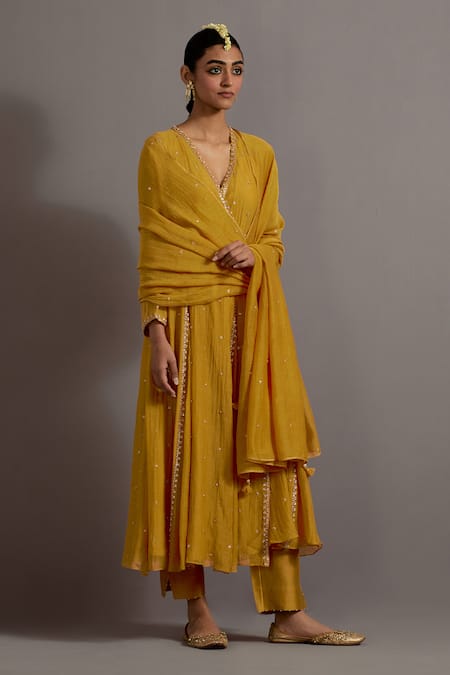 Shop Deep Thee Yellow Chanderi Embroidery, Beads, Zari V-neck Zardozi Hand Kali Angarkha Set Online at Aza Fashions Shop_Deep Thee_Yellow Chanderi Embroidery, Beads, Zari V-neck Zardozi Hand Kali Angarkha Set _Online_at_Aza_Fashions