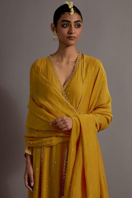 Deep Thee Yellow Chanderi Embroidery, Beads, Zari V-neck Zardozi Hand Kali Angarkha Set at Aza Fashions Deep Thee_Yellow Chanderi Embroidery, Beads, Zari V-neck Zardozi Hand Kali Angarkha Set _at_Aza_Fashions