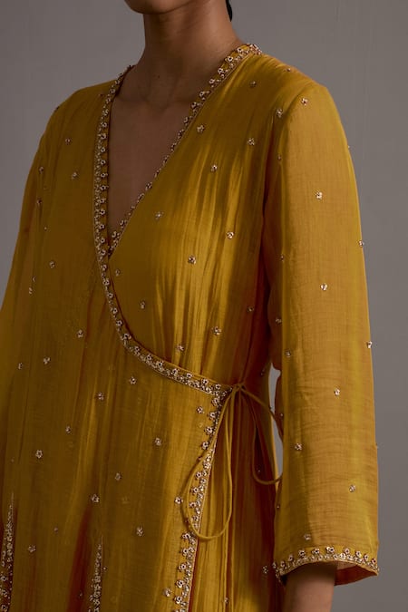 Buy Deep Thee Yellow Chanderi Embroidery, Beads, Zari V-neck Zardozi Hand Kali Angarkha Set Buy_Deep Thee_Yellow Chanderi Embroidery, Beads, Zari V-neck Zardozi Hand Kali Angarkha Set