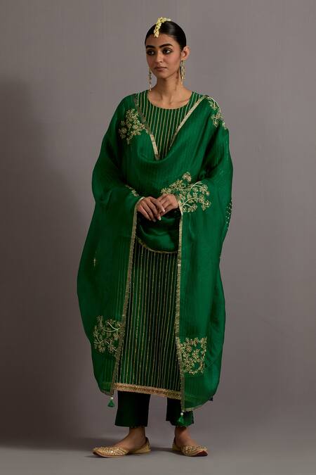 Deep Thee Green Chanderi Hand Embroidered Zardozi Round And Pearl Kurta Set