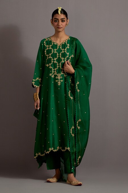 Deep Thee Green Chanderi Hand Embroidered Zardozi Scalloped Phool Pathi A-line Kurta Set 