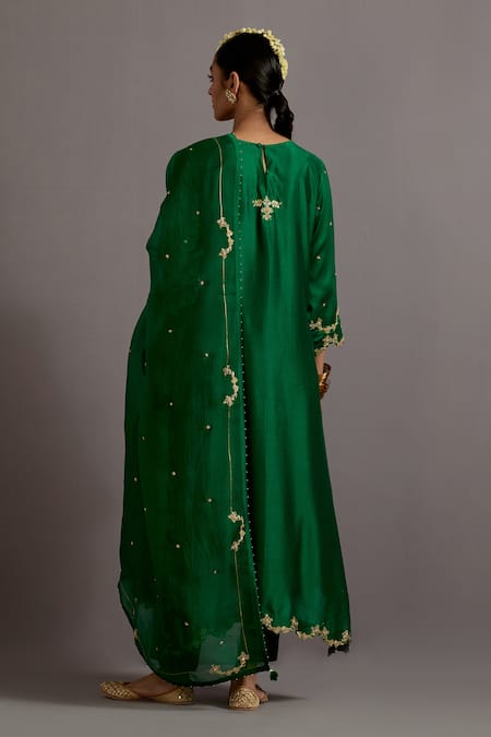 Shop Deep Thee Green Organza, Chanderi Cut Work, Beads, Tassels, Phool Pathi A-line Kurta Set at Aza Fashions Shop_Deep Thee_Green Organza, Chanderi Cut Work, Beads, Tassels, Phool Pathi A-line Kurta Set _at_Aza_Fashions