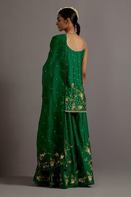 Shop Deep Thee Green Silk, Organza Beads, Tassels, Guccha Jaal Embroidered Kurta Sharara Set at Aza Fashions Shop_Deep Thee_Green Silk, Organza Beads, Tassels, Guccha Jaal Embroidered Kurta Sharara Set _at_Aza_Fashions