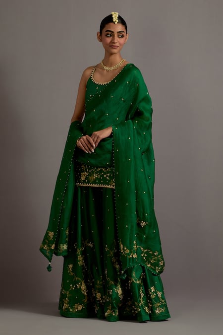 Deep Thee Green Silk, Organza Beads, Tassels, Guccha Jaal Embroidered Kurta Sharara Set Online at Aza Fashions Deep Thee_Green Silk, Organza Beads, Tassels, Guccha Jaal Embroidered Kurta Sharara Set _Online_at_Aza_Fashions