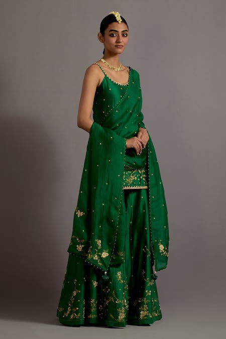 Buy Deep Thee Green Silk, Organza Beads, Tassels, Guccha Jaal Embroidered Kurta Sharara Set Online at Aza Fashions Buy_Deep Thee_Green Silk, Organza Beads, Tassels, Guccha Jaal Embroidered Kurta Sharara Set _Online_at_Aza_Fashions