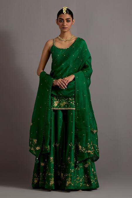 Shop Deep Thee Green Silk, Organza Beads, Tassels, Guccha Jaal Embroidered Kurta Sharara Set Online at Aza Fashions Shop_Deep Thee_Green Silk, Organza Beads, Tassels, Guccha Jaal Embroidered Kurta Sharara Set _Online_at_Aza_Fashions