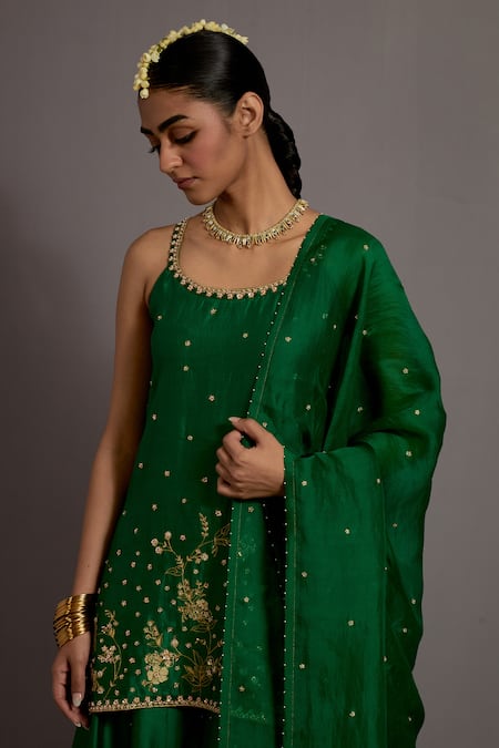 Buy Deep Thee Green Silk, Organza Beads, Tassels, Guccha Jaal Embroidered Kurta Sharara Set Buy_Deep Thee_Green Silk, Organza Beads, Tassels, Guccha Jaal Embroidered Kurta Sharara Set