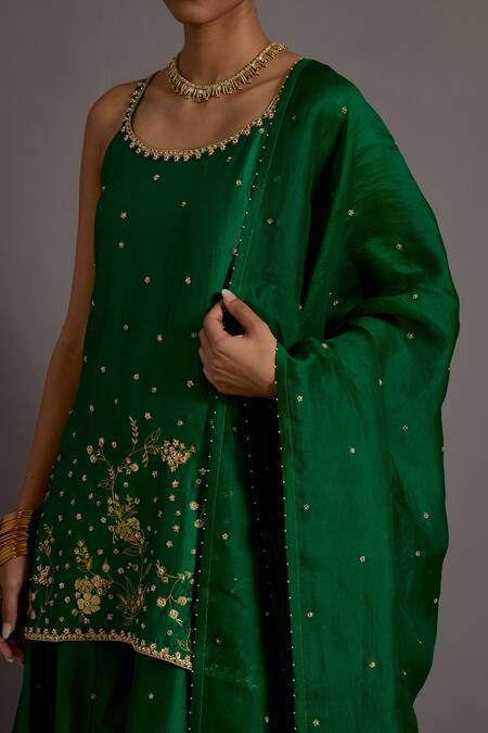 Shop Deep Thee Green Silk, Organza Beads, Tassels, Guccha Jaal Embroidered Kurta Sharara Set Shop_Deep Thee_Green Silk, Organza Beads, Tassels, Guccha Jaal Embroidered Kurta Sharara Set