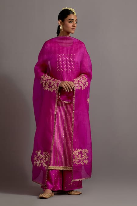 Deep Thee Fuchsia Silk Hand Embroidered Zardozi Round Striped Kurta Pant Set