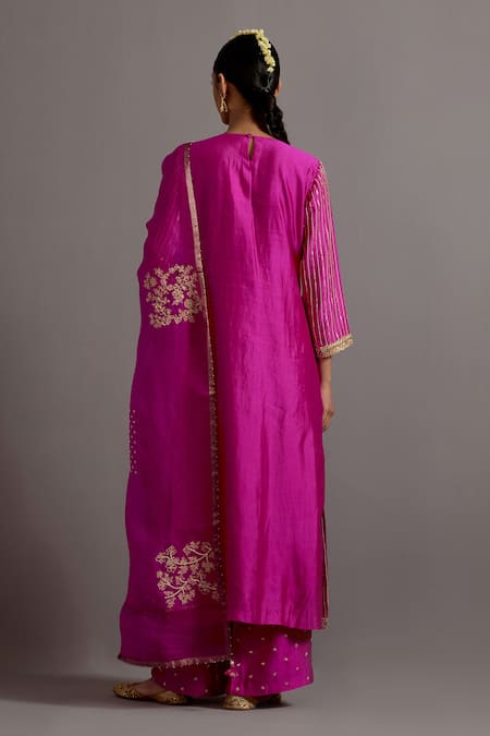 Shop Deep Thee Fuchsia Silk, Organza Embroidery, Pearls, Beads Round Striped Kurta Pant Set at Aza Fashions Shop_Deep Thee_Fuchsia Silk, Organza Embroidery, Pearls, Beads Round Striped Kurta Pant Set _at_Aza_Fashions