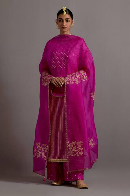 Deep Thee Fuchsia Silk, Organza Embroidery, Pearls, Beads Round Striped Kurta Pant Set Online at Aza Fashions Deep Thee_Fuchsia Silk, Organza Embroidery, Pearls, Beads Round Striped Kurta Pant Set _Online_at_Aza_Fashions