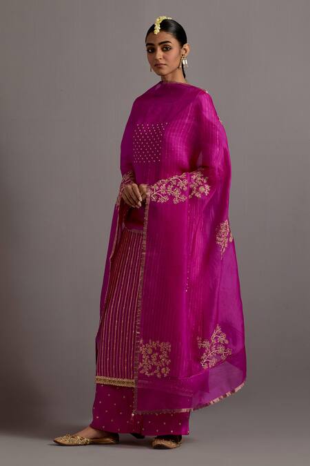 Buy Deep Thee Fuchsia Silk, Organza Embroidery, Pearls, Beads Round Striped Kurta Pant Set Online at Aza Fashions Buy_Deep Thee_Fuchsia Silk, Organza Embroidery, Pearls, Beads Round Striped Kurta Pant Set _Online_at_Aza_Fashions
