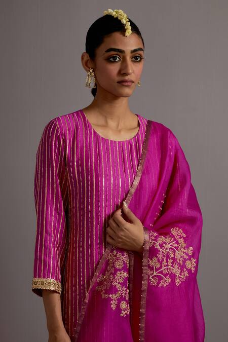 Shop Deep Thee Fuchsia Silk, Organza Embroidery, Pearls, Beads Round Striped Kurta Pant Set Online at Aza Fashions Shop_Deep Thee_Fuchsia Silk, Organza Embroidery, Pearls, Beads Round Striped Kurta Pant Set _Online_at_Aza_Fashions