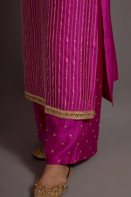 Deep Thee Fuchsia Silk, Organza Embroidery, Pearls, Beads Round Striped Kurta Pant Set at Aza Fashions Deep Thee_Fuchsia Silk, Organza Embroidery, Pearls, Beads Round Striped Kurta Pant Set _at_Aza_Fashions
