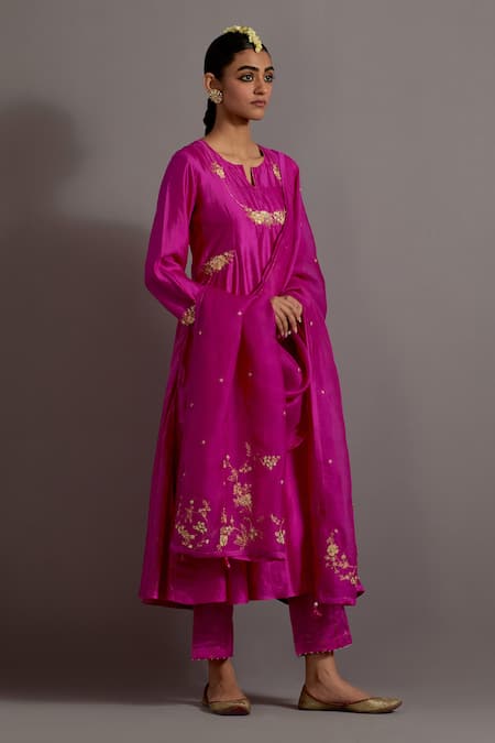 Buy_Deep Thee_Fuchsia Silk, Organza Embroidery, Sequins, Phool Necklace A-line Kurta Set _Online_at_Aza_Fashions