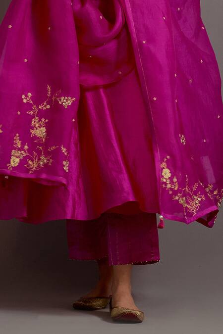 Shop_Deep Thee_Fuchsia Silk, Organza Embroidery, Sequins, Phool Necklace A-line Kurta Set _Online_at_Aza_Fashions