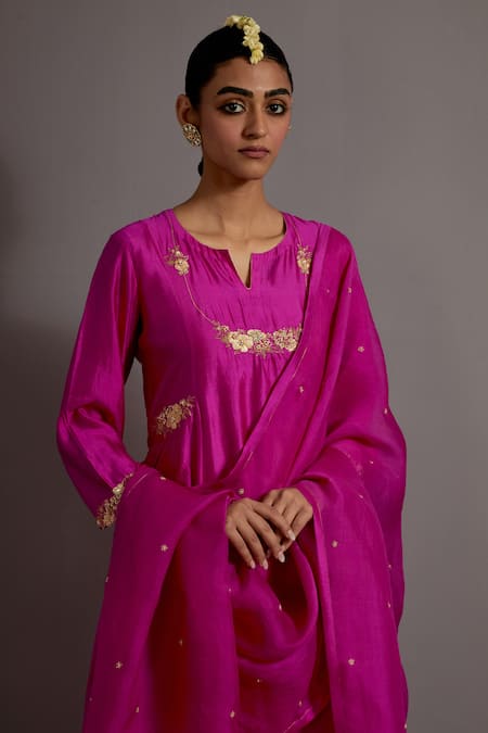 Deep Thee_Fuchsia Silk, Organza Embroidery, Sequins, Phool Necklace A-line Kurta Set _at_Aza_Fashions
