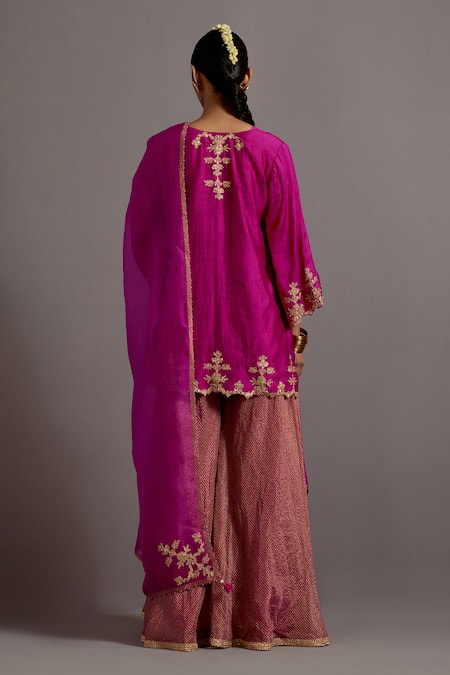 Shop_Deep Thee_Fuchsia Silk, Organza, Chanderi Embroidery, Zari Phool Patti Kurta Sharara Set _at_Aza_Fashions
