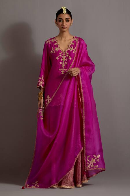 Deep Thee_Fuchsia Silk, Organza, Chanderi Embroidery, Zari Phool Patti Kurta Sharara Set _Online_at_Aza_Fashions