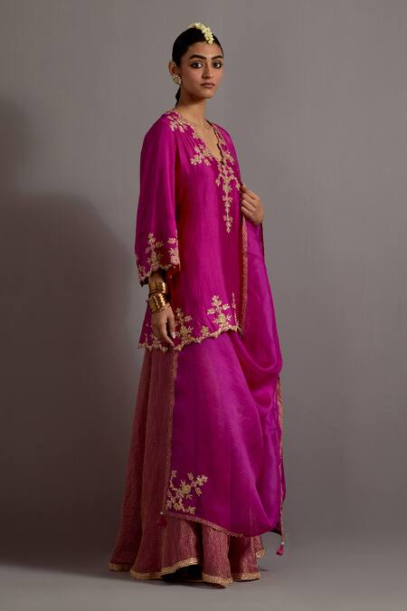 Shop_Deep Thee_Fuchsia Silk, Organza, Chanderi Embroidery, Zari Phool Patti Kurta Sharara Set _Online_at_Aza_Fashions