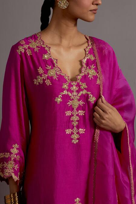 Deep Thee_Fuchsia Silk, Organza, Chanderi Embroidery, Zari Phool Patti Kurta Sharara Set _at_Aza_Fashions