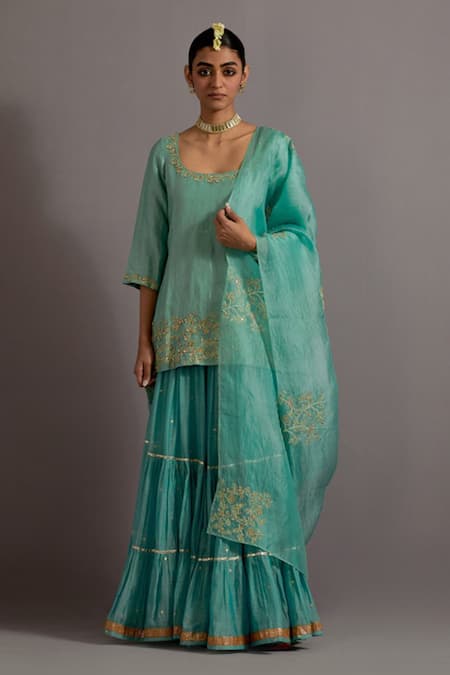 Deep Thee Blue Chanderi Hand Embroidered Zari Scoop Kurta Lehenga Set 