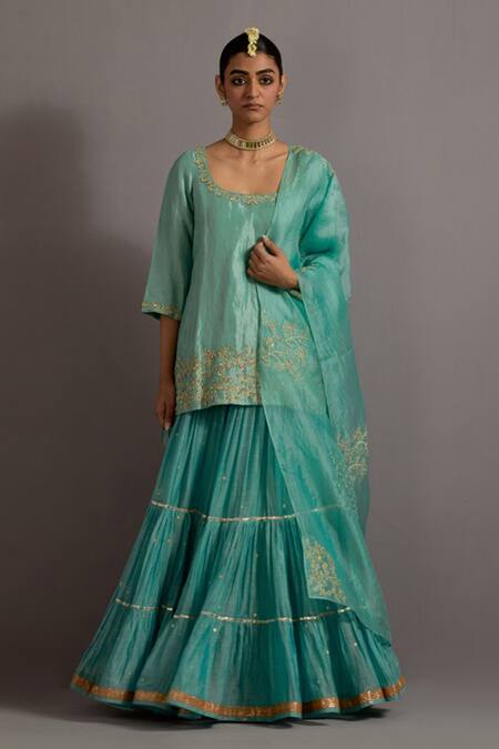 Deep Thee_Blue Organza, Tissue, Chanderi Zari, Sequins Scoop Embroidered Kurta Lehenga Set _Online_at_Aza_Fashions